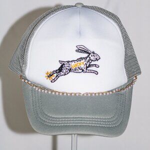 Gray and white "Lucky Rabbit" trucker hat with hat jewelry